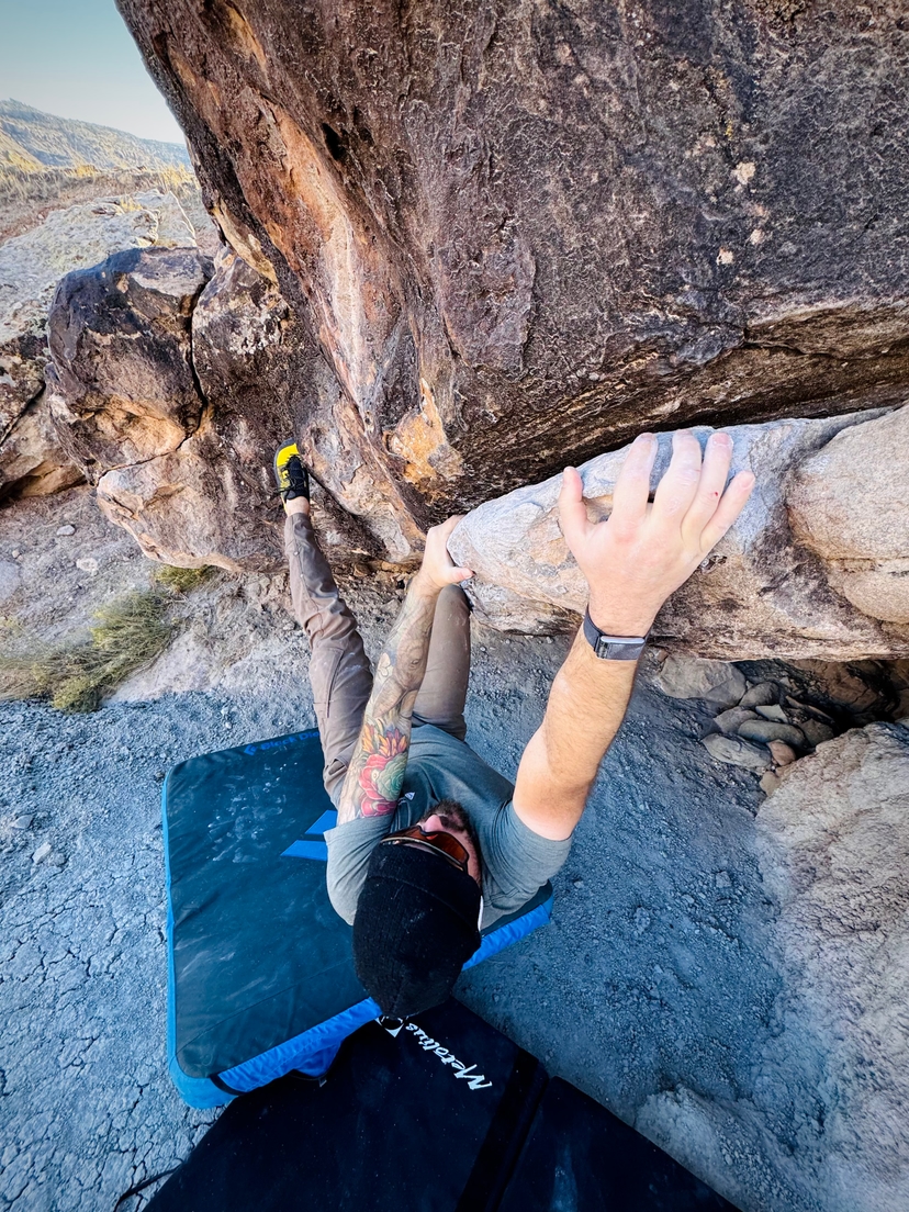 Max Karren bouldering at Dynamite Shacks near Grand Junction, Colorado